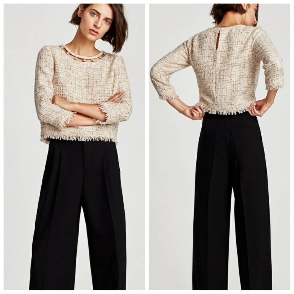 🎈SOLD 🎈Zara Tweed Top with Faux Pearl Details - Picture 3 of 12